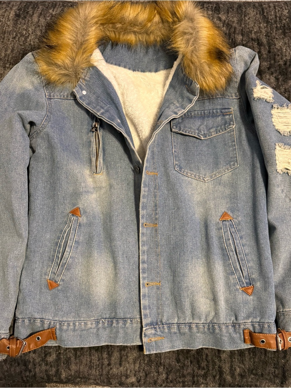 Denim Sherpa-Lined Jacket with Faux Fur Hood